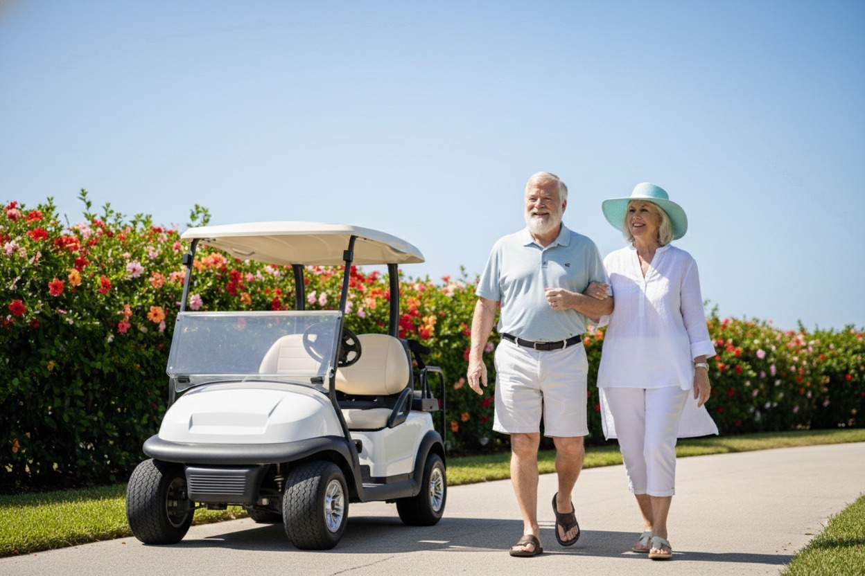 A realistic, medium shot of an older couple walking along a manicured Isla del Sol pathway. The man is wearing white shorts and the woman has a pale sky blue sun hat. In the background, a Club Car Onward golf cart in white is parked near a lush hibiscus hedge. The sky is a brilliant, clear pale blue, and the couple looks relaxed and settled in, perfectly capturing the "seasonal transition" vibe.