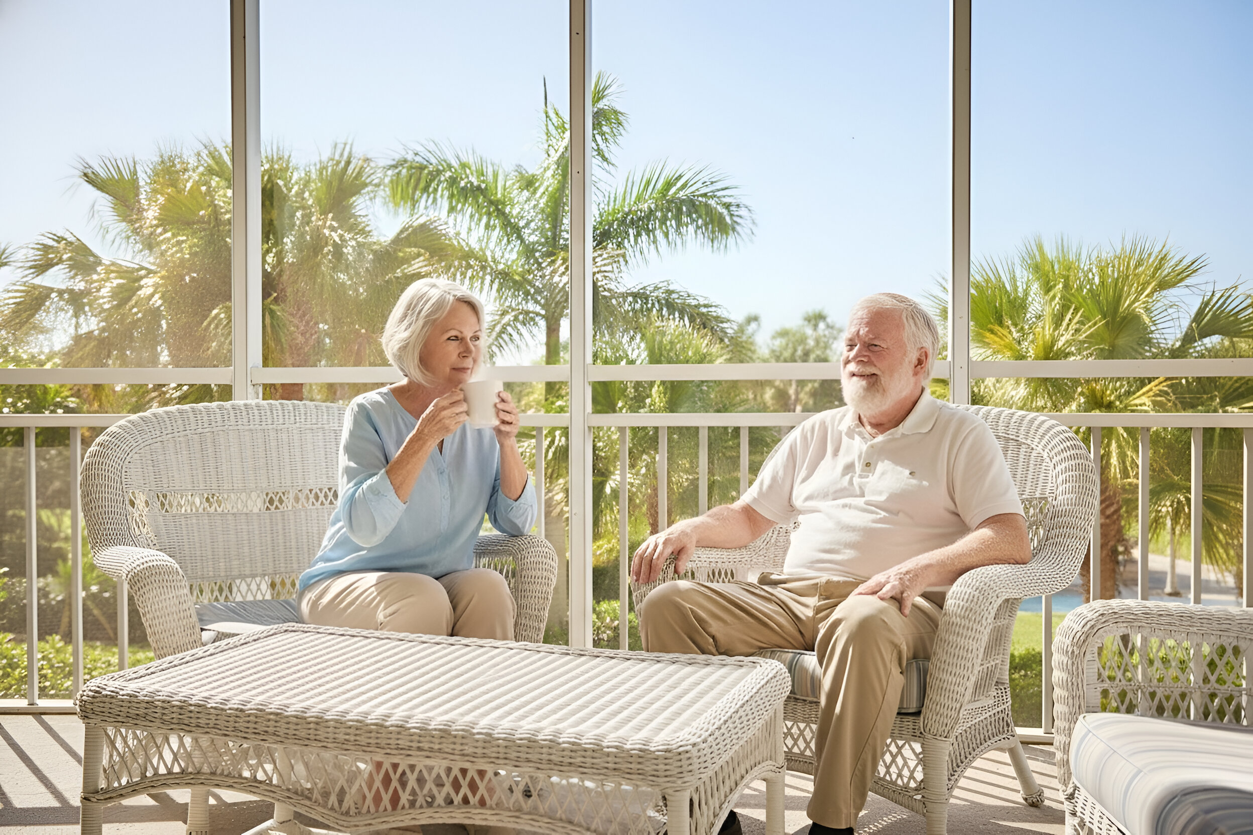 A realistic, professional landscape photo of a mature, active couple in their late 60s sitting on a sun-drenched white-painted balcony in Isla del Sol. The woman is wearing a pale sky blue linen dress and the man is in a crisp white button-down. They are looking out over the sparkling turquoise waters of Boca Ciega Bay with peaceful smiles. The lighting is the bright, airy glow of a Florida afternoon, highlighting the iconic white-stucco and teal-trimmed condo architecture in the background.