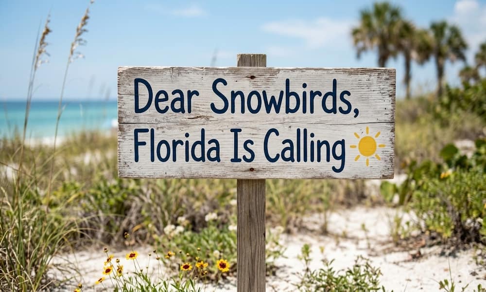 Florida beach sign saying “Florida is calling”