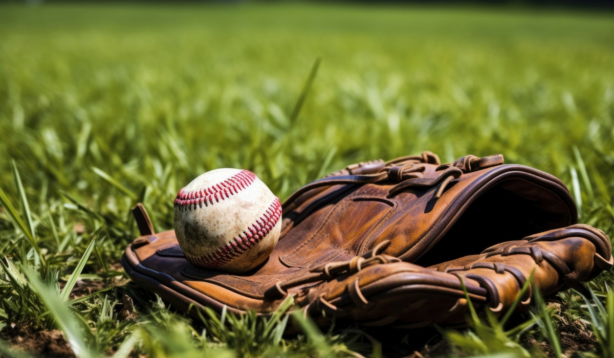 leather baseball glove resting on green grass