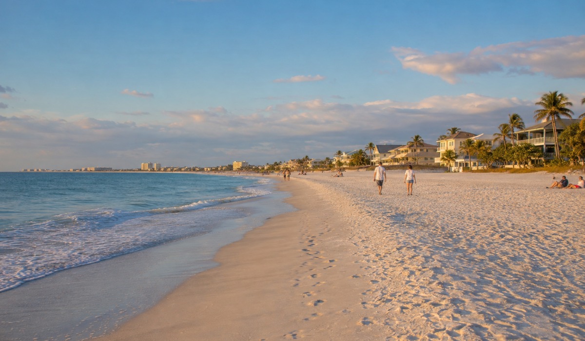 Wide sandy beach at sunset with small waves