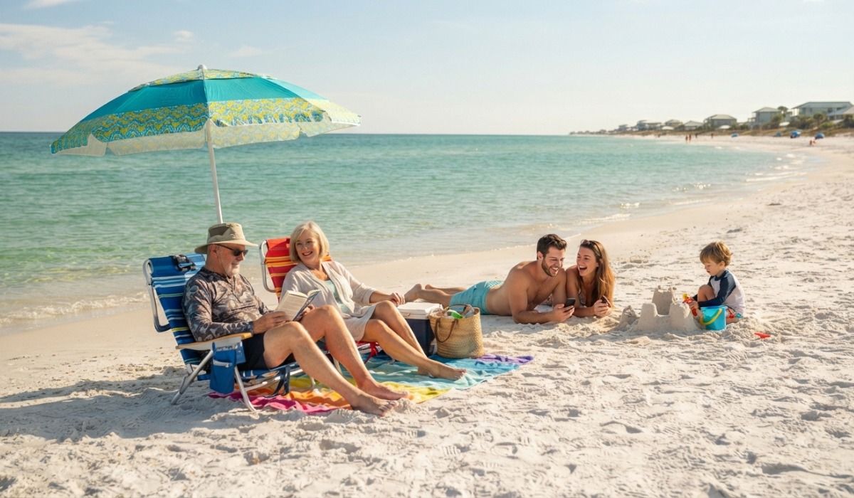 family relaxing on a white sand Gulf Coast beach
