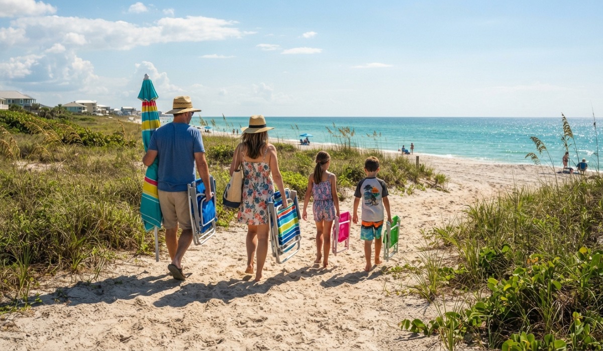 family of four walking along a sandy path toward the Gulf of Mexico