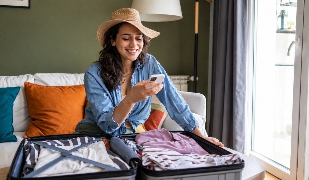 woman sitting on the couch, packing suitcase